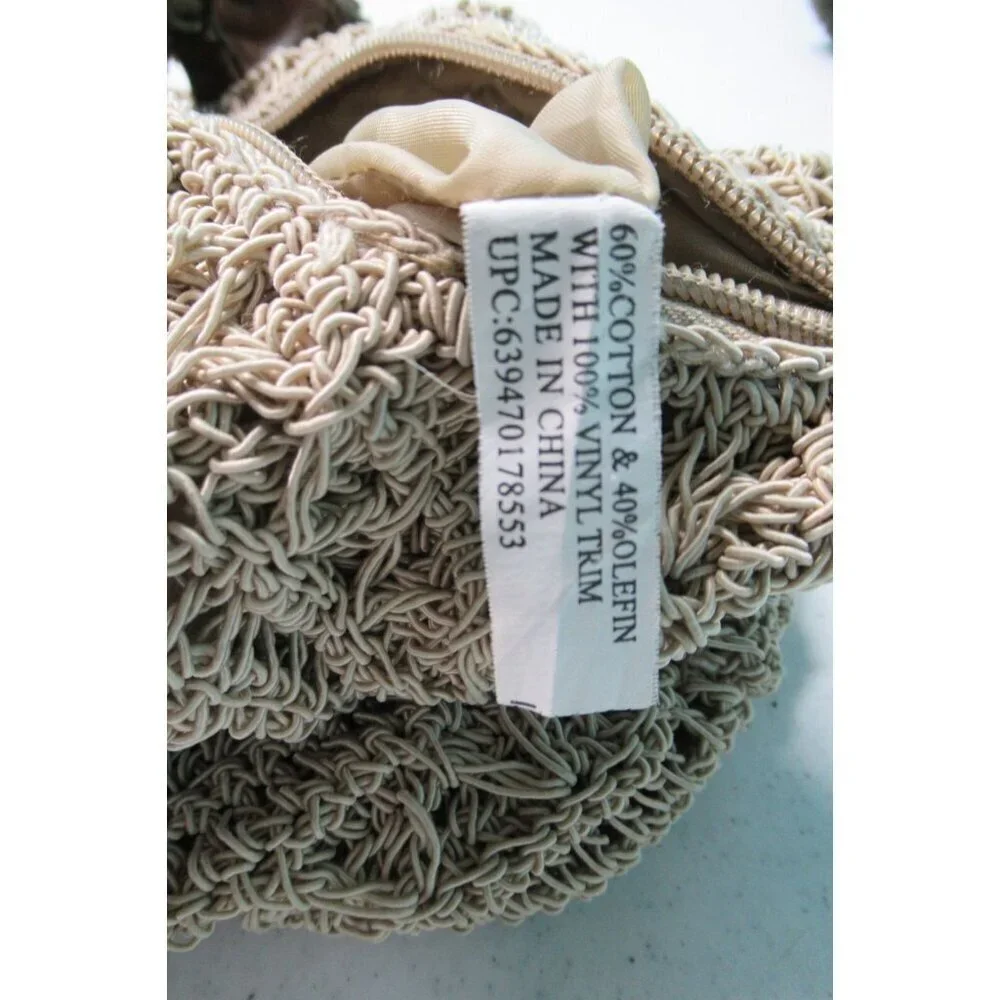 Macrame Crocheted Knitted Bag with Leather Strap Tan Medium Size Zipper